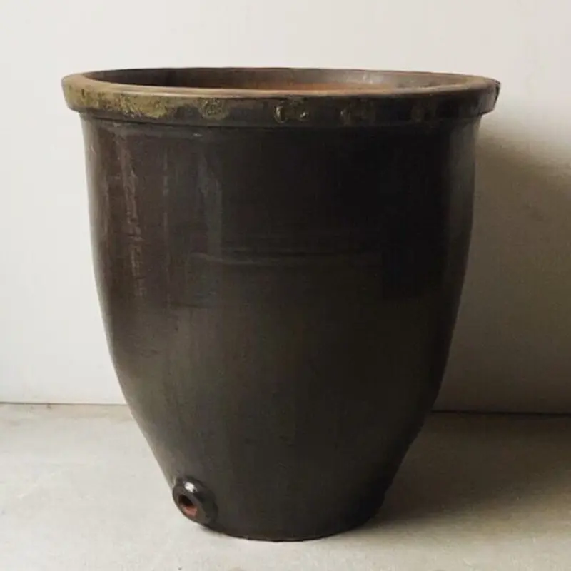 1☆古いピータン甕 壺 花鳥竹図 楕円形 71cmx56cm×高28cm ☆大甕