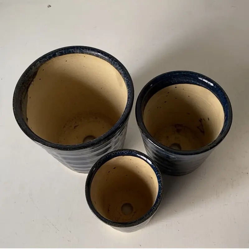 古い植木鉢. 瑠璃釉 格子紋様3鉢セット 70sオールドポット 入れ子3