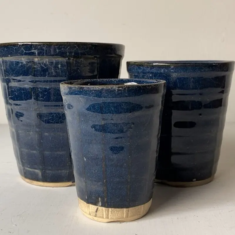 古い植木鉢. 瑠璃釉 格子紋様3鉢セット 70sオールドポット 入れ子3