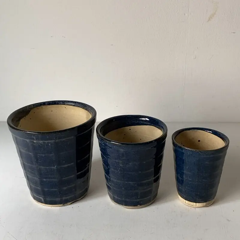 古い植木鉢. 瑠璃釉 格子紋様3鉢セット 70sオールドポット 入れ子3