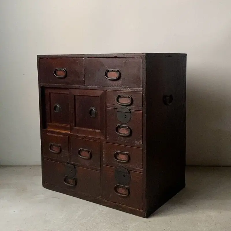 アンティーク小さい帳場箪笥 江戸期 慶応 幕末 1860年代 杉材無垢 9杯