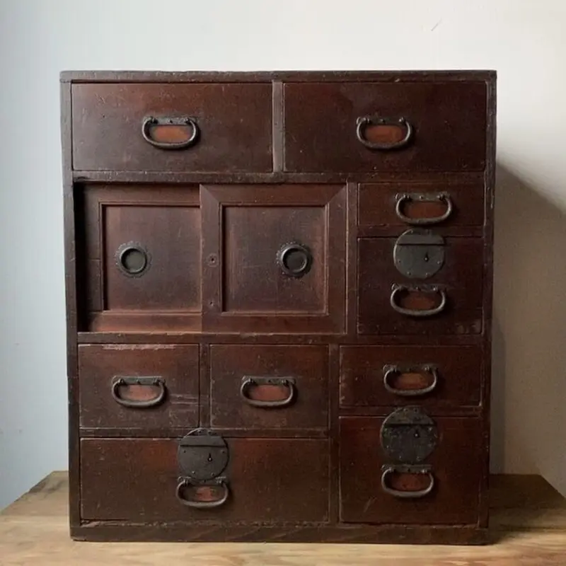 アンティーク小さい帳場箪笥 江戸期 慶応 幕末 1860年代 杉材無垢 9杯