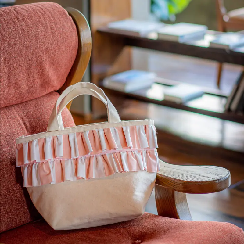 handmade♡ちょっとお出かけ♡帆布 ストライプ フリル トート バッグ