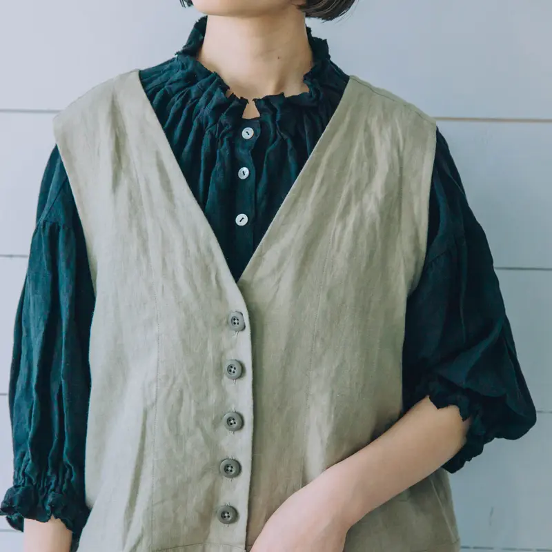 くしゅくしゅ襟ブラウス vintage加工フレンチリネン black【web価格