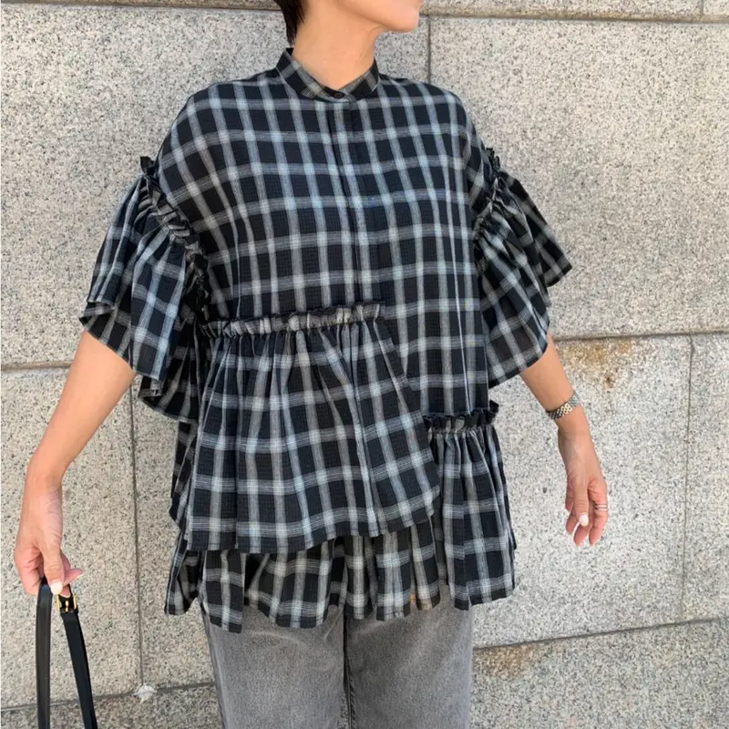 フリルポリエステルティアードブラウス(チェック) | myinemy's STORE