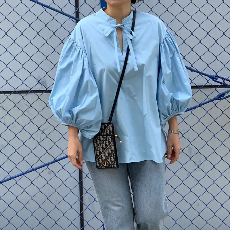 2022新生活 【完売商品】MYlNE 細リボンバルーンスリーブブラウス