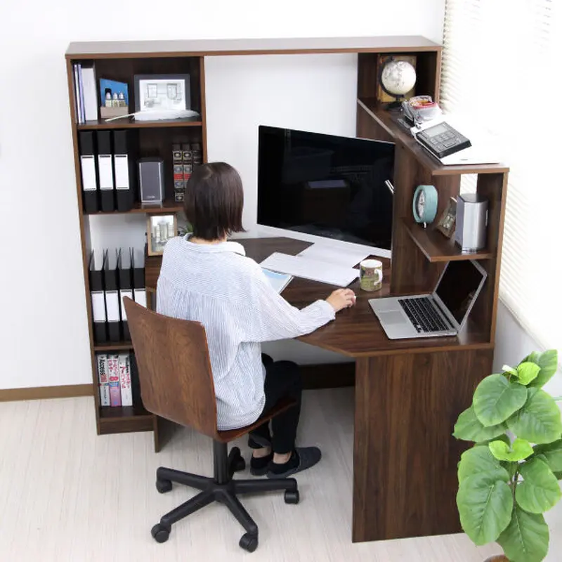 パソコンデスク コーナーハイタイプ書棚付き オーク北欧風木目L字型ワークデスク パソコンデスク コーナー ハイタイプ 書棚付き オーク 北欧風 木目 L字