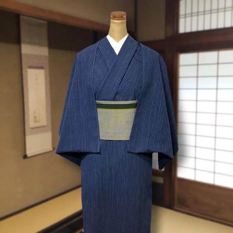 藍染 松阪木綿縞着物 単衣