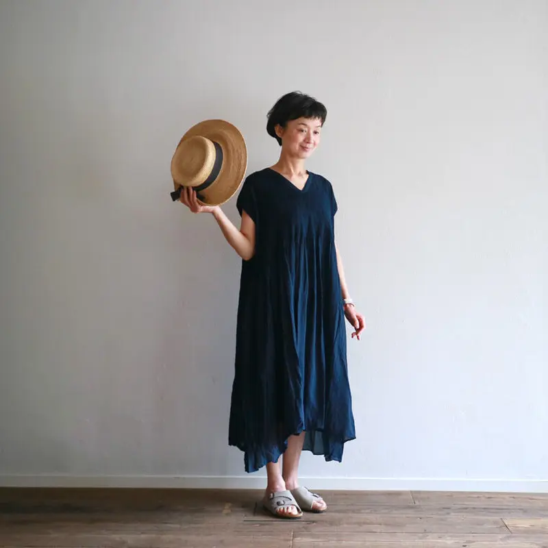 80'Sオーガニックコットンハンドダイ ミニピンタックVドレス/maison de