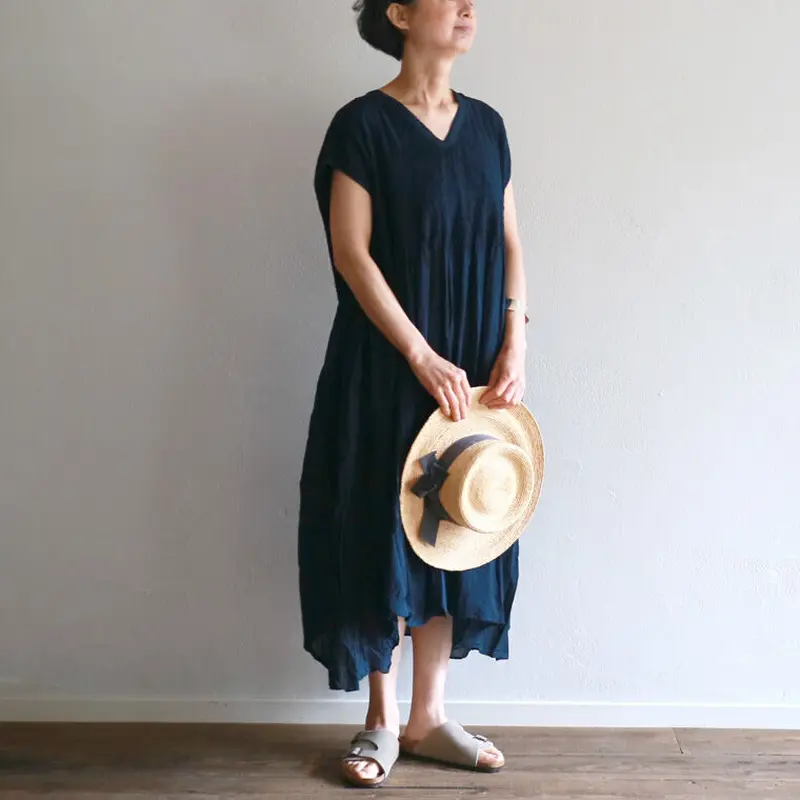 80'Sオーガニックコットンハンドダイ ミニピンタックVドレス/maison de
