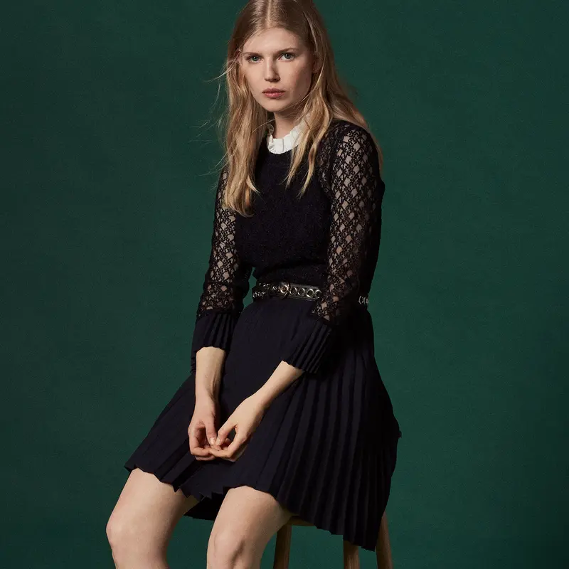 sandro サンドロ MIXED FABRIC DRESS WITH HIGH NE...