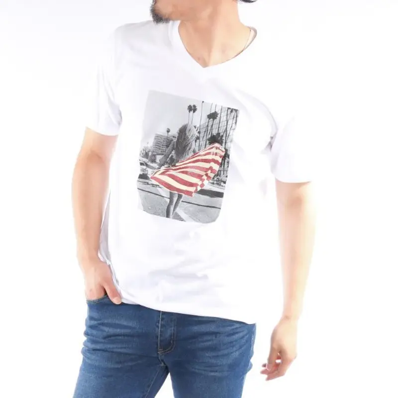 半袖Tシャツ メンズ Vネック プリント ガールプリント フォトプリント