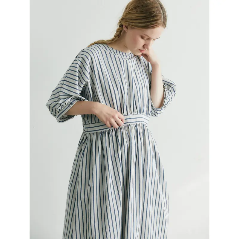 ダブルワッシャーコットンリネン・ワンピース/ブルーストライプ