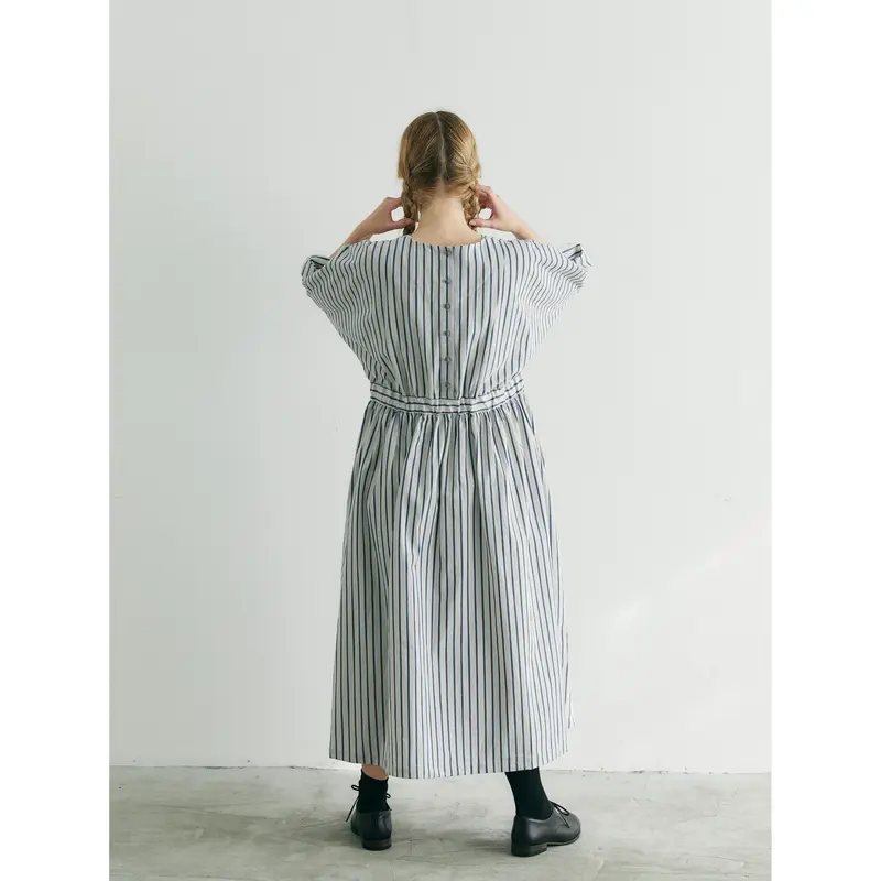 ダブルワッシャーコットンリネン・ワンピース/ブルーストライプ