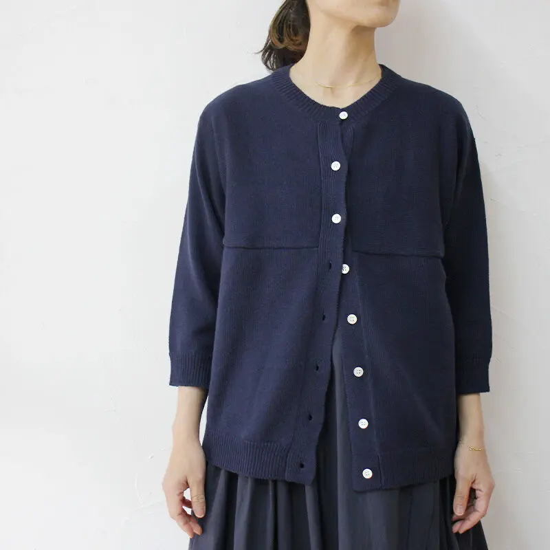 homspun ホームスパン C/Wハンドカバー付き七分袖カーデ #ネイビー