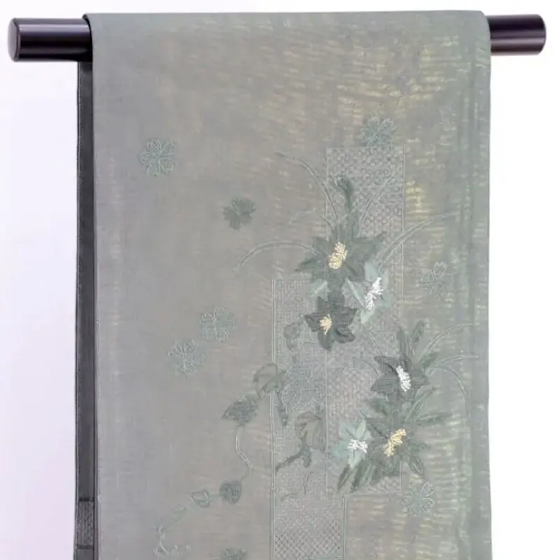 夏用】汕頭刺繍 お太鼓柄 グリーン地に短冊に花 | 和ノ藤リユース