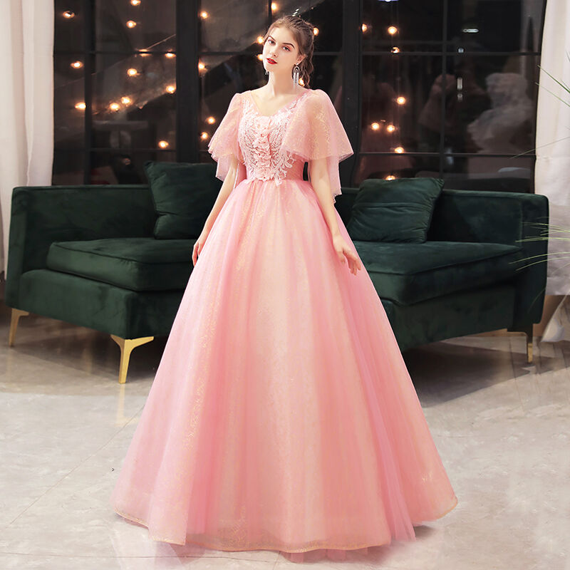 美品！パーティードレス ピンク ソフトチュール ふわふわ袖 憧れのドレス 可愛い お呼ばれ/二...