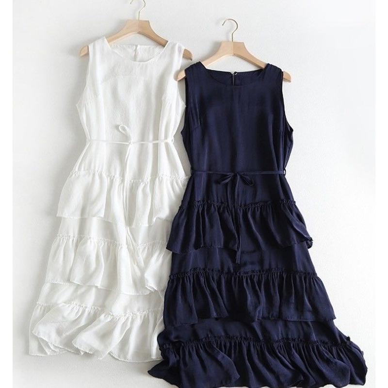 リボン 付き ワンピース ノースリーブ M Lサイズ ホワイト ネイビー