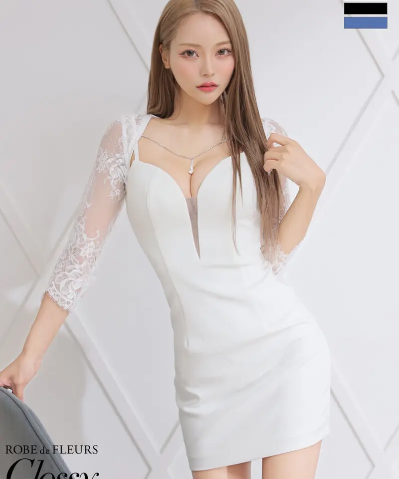 XS~Lサイズあり】袖ありレース×バストビジューシンプルタイトドレス