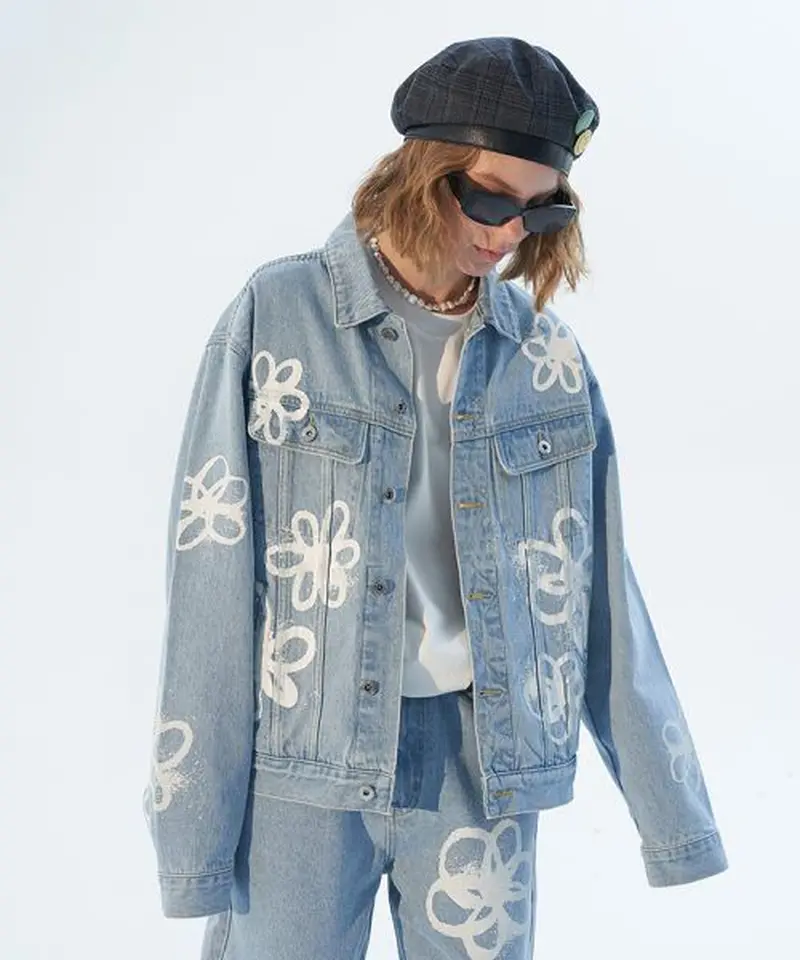 MODITEC】HAND-PAINTED FLOWERS BLUE DENIM JACKET...