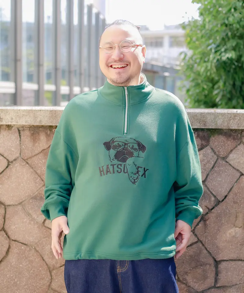 Hatsunex バイカラーKOHADA Zipプルオーバー（グリーン×ホワイト