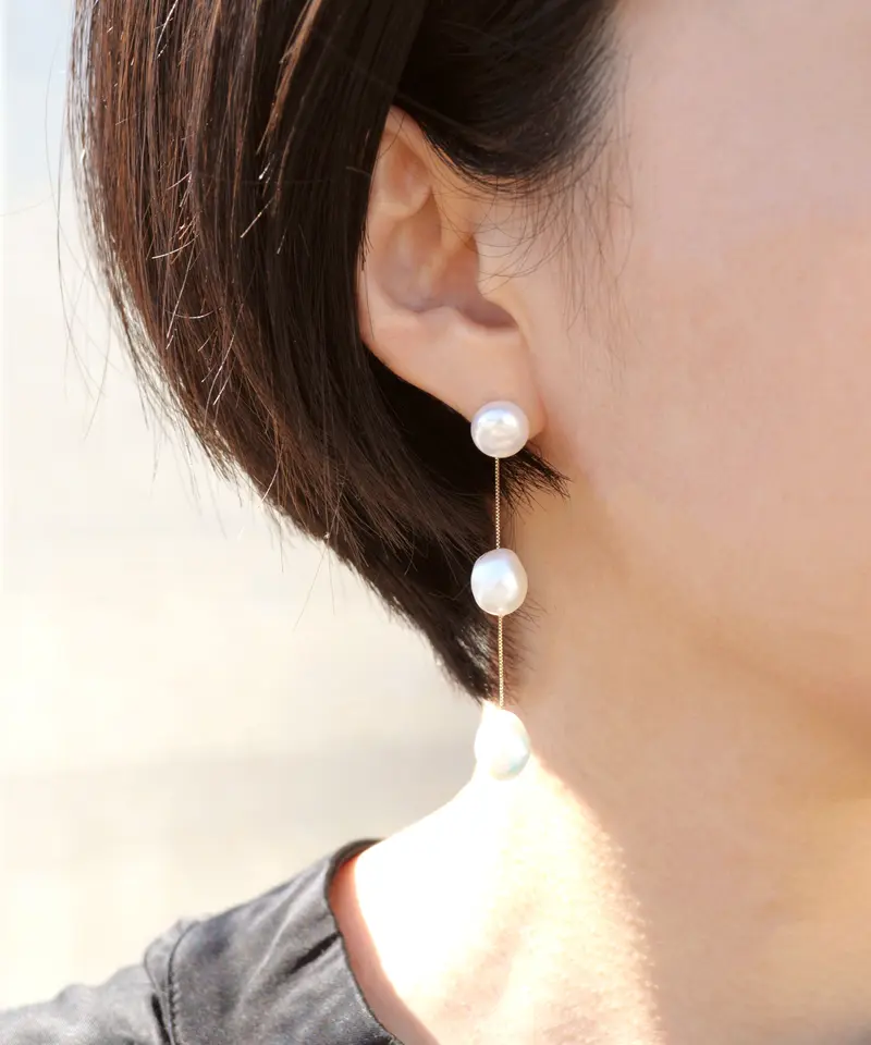 anq.】K10・バロックパール ベネチアンチェーンピアス | KU-CROISSANT