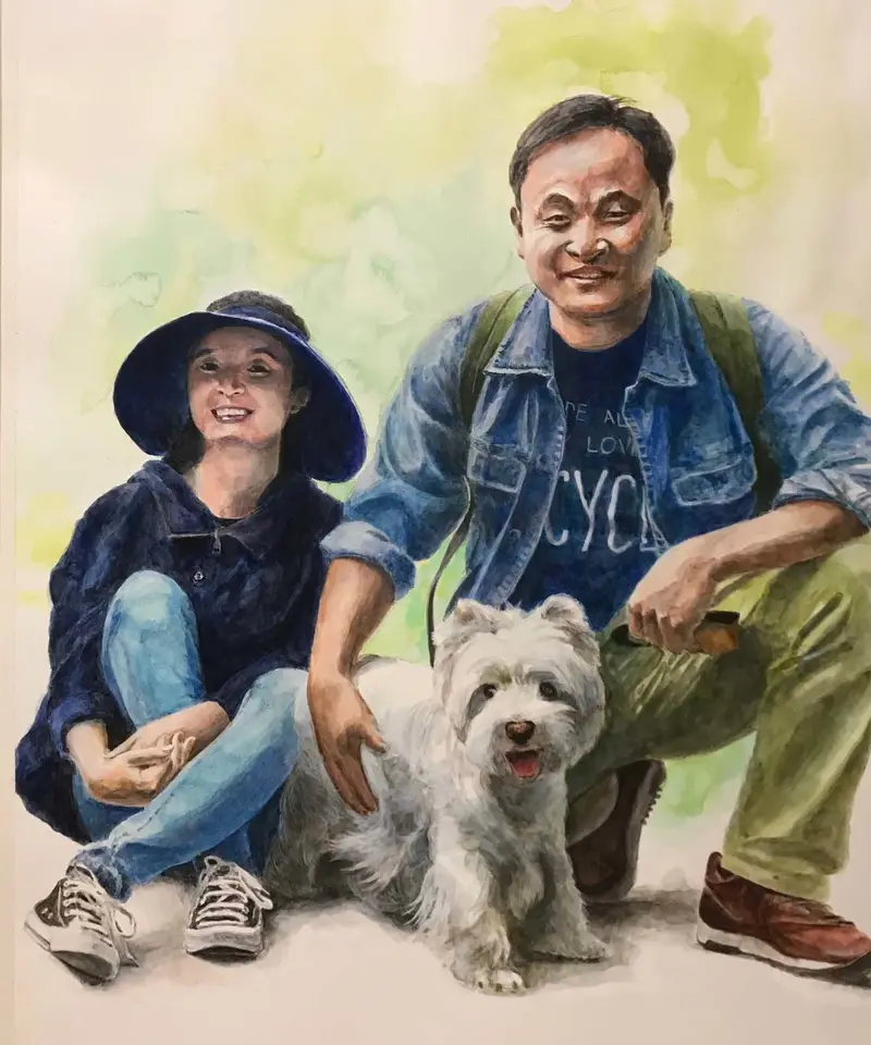 ポートレート 家族の肖像画 A4 2人と1匹 ポートレート 家族の肖像画 A4 2人と1匹