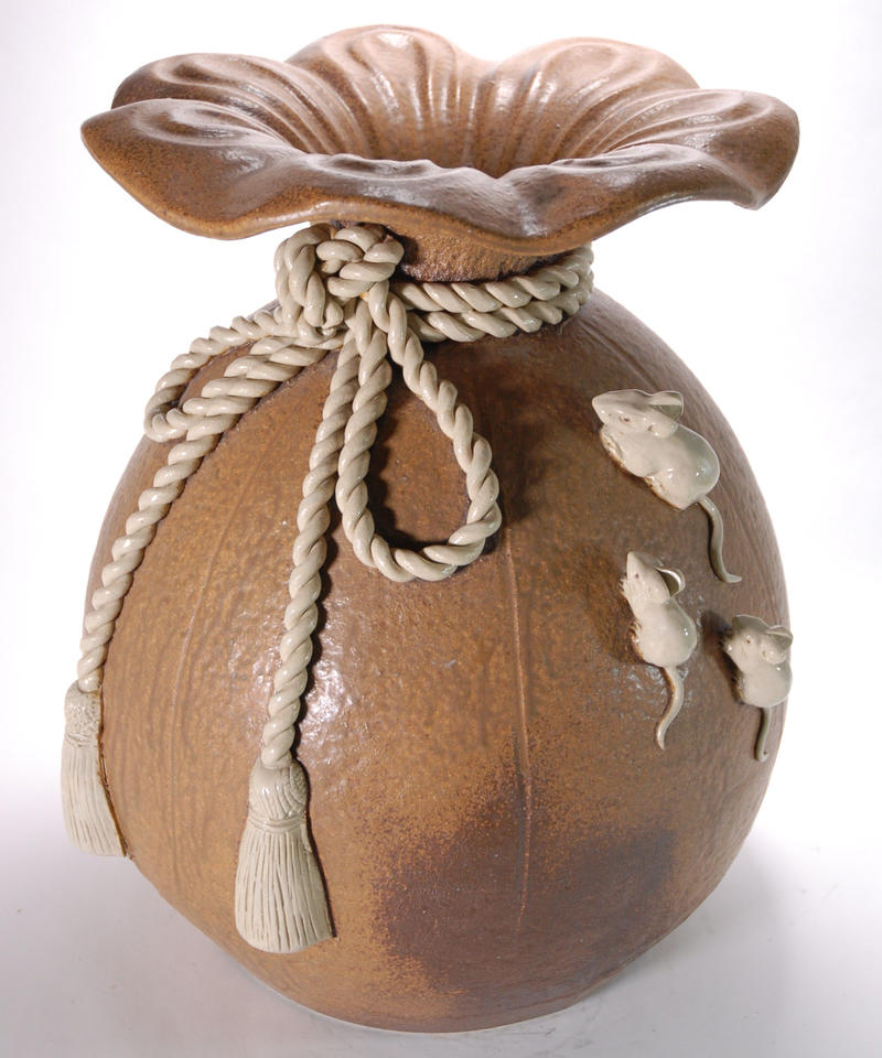 くつろぎカフェタイム 【信楽焼】 宝袋ネズミ付き壺 花瓶 縁起物