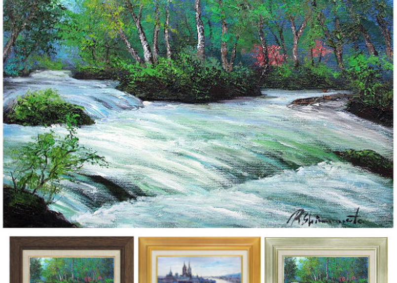 風景画 油彩画 森の中の川を描いた油絵です 【公式通販】