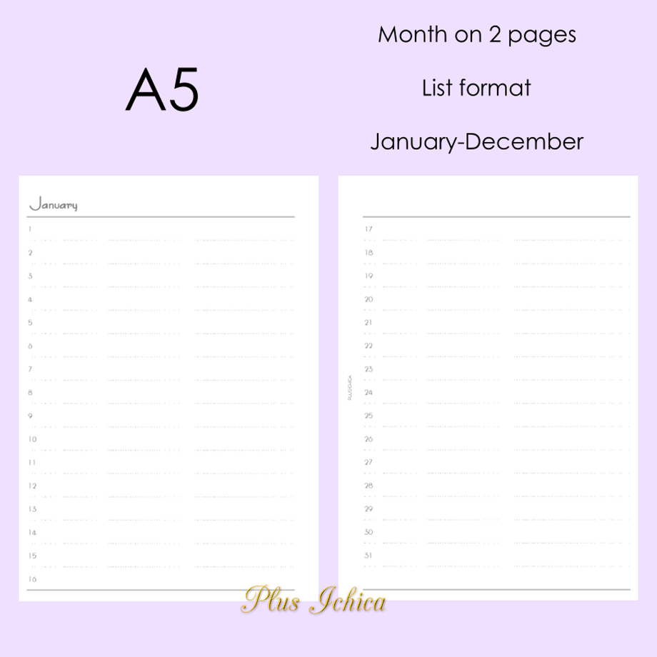 【A5】Month on 2 Pages (List Format) #30, Print...