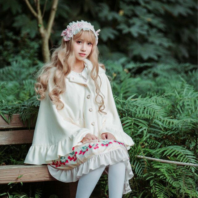ロリータ 姫系ポンチョコート アウター リボン フリル ウール 原宿 ファション ウサギ耳 猫...