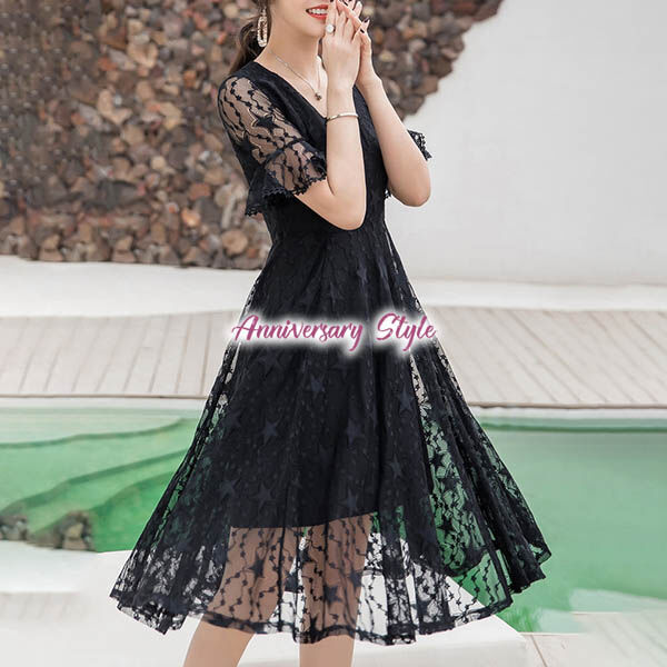 格安ラストディスカウント きれいめワンピース S 5l 黒 デートコーデ 通勤コーデ ぽっちゃり 大きいサイズ レディース 袖あり Jy 106 大人可愛い 星柄 総レース ワンピース 安い米国をオンラインで買う App Shkgrp Com