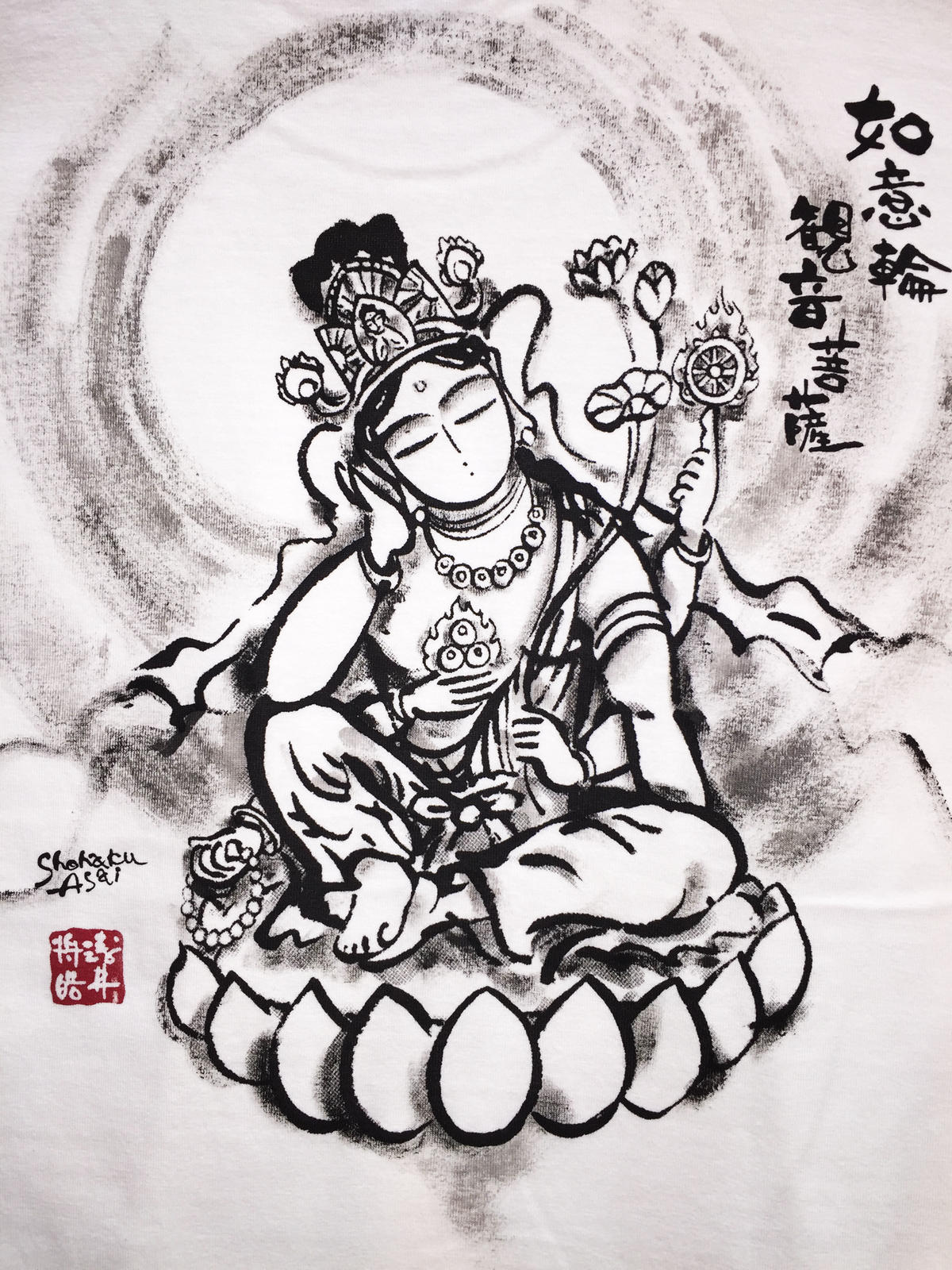 手描きtシャツ 仏画 No 8 如意輪観音 白 綿生地 半袖 長袖 伯舟庵 Web ス