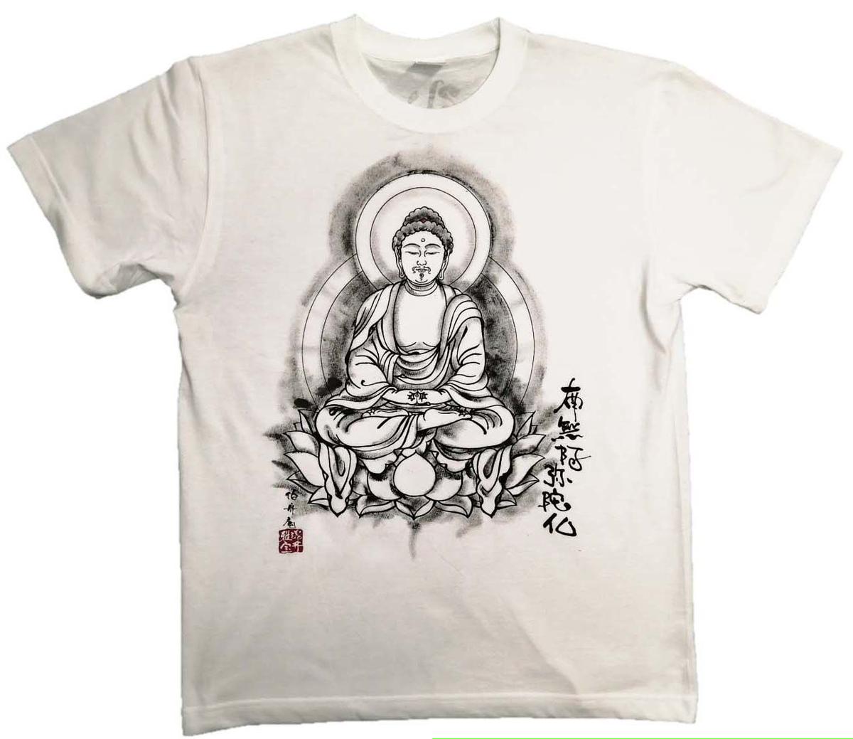 手描きtシャツ 仏画 No 阿弥陀如来 座像 白 綿生地 半袖 長袖 伯舟庵 W