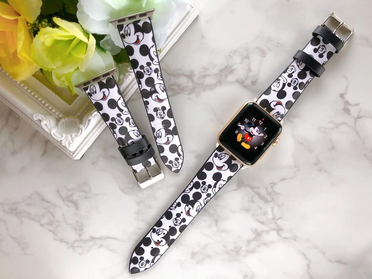 Apple Watch アップルウォッチ ホワイト ミッキー柄 レザー バンド ベルト A