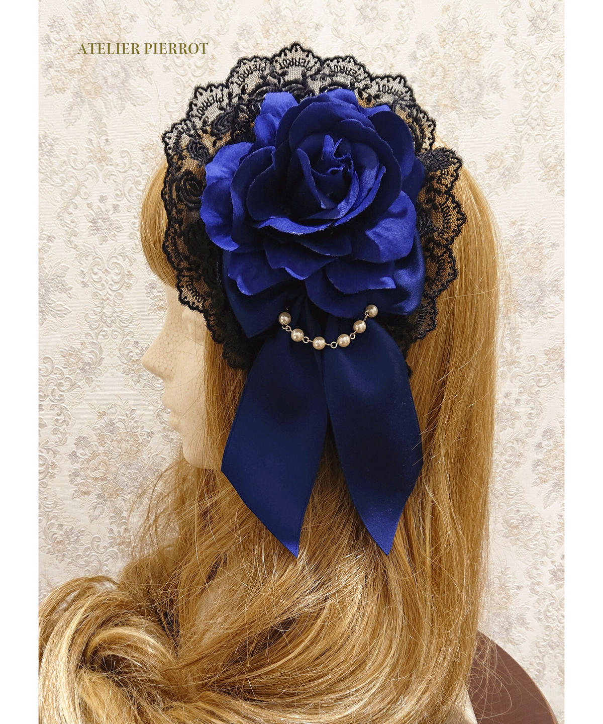 Atelier Pierrot アトリエピエロ 薔薇レースカチューシャ 黒 青薔薇 At