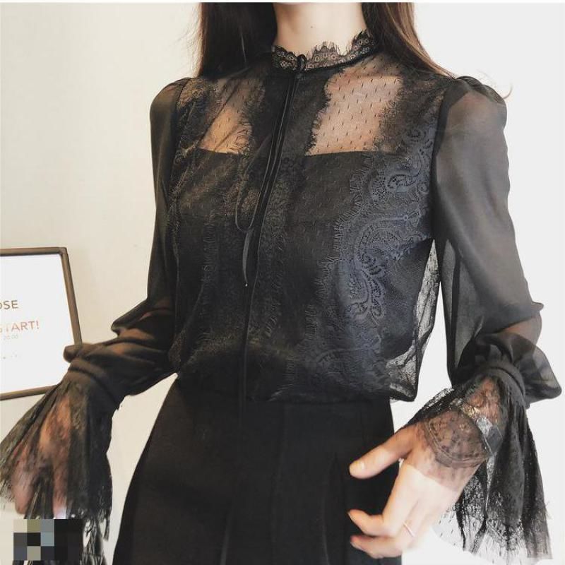 レースブラウス フリル袖 シフォン シースルー ハイネック 長袖 黒 ブラック コーデ 通勤
