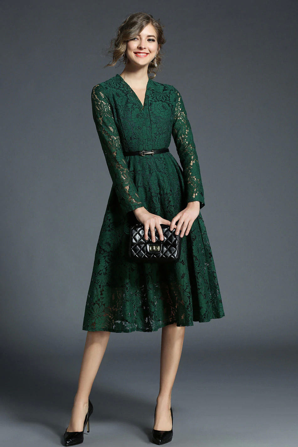 Vネックレースワンピース 結婚式 お呼ばれ 二次会 謝恩会 ドレス グリーン 緑 大きいサイ