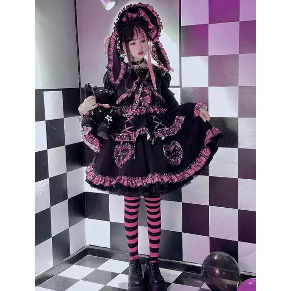 黒ピンクのゴスロリチェックワンピースセット Fancy World