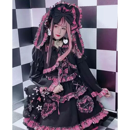 黒ピンクのゴスロリチェックワンピースセット Fancy World