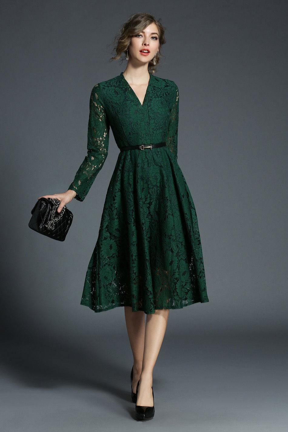 Vネックレースワンピース 結婚式 お呼ばれ 二次会 謝恩会 ドレス グリーン 緑 大きいサイ