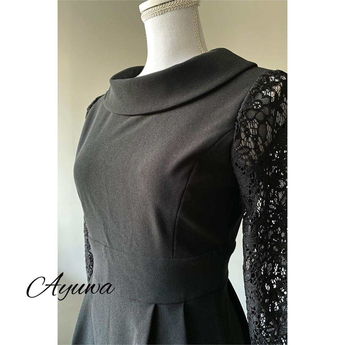 ブラック ロールカラー 袖レース ワンピース ストレッチ iライン ワンピース Ayu ブラック ロールカラー 袖レース ワンピース ストレッチ iライン ワンピース Ayu