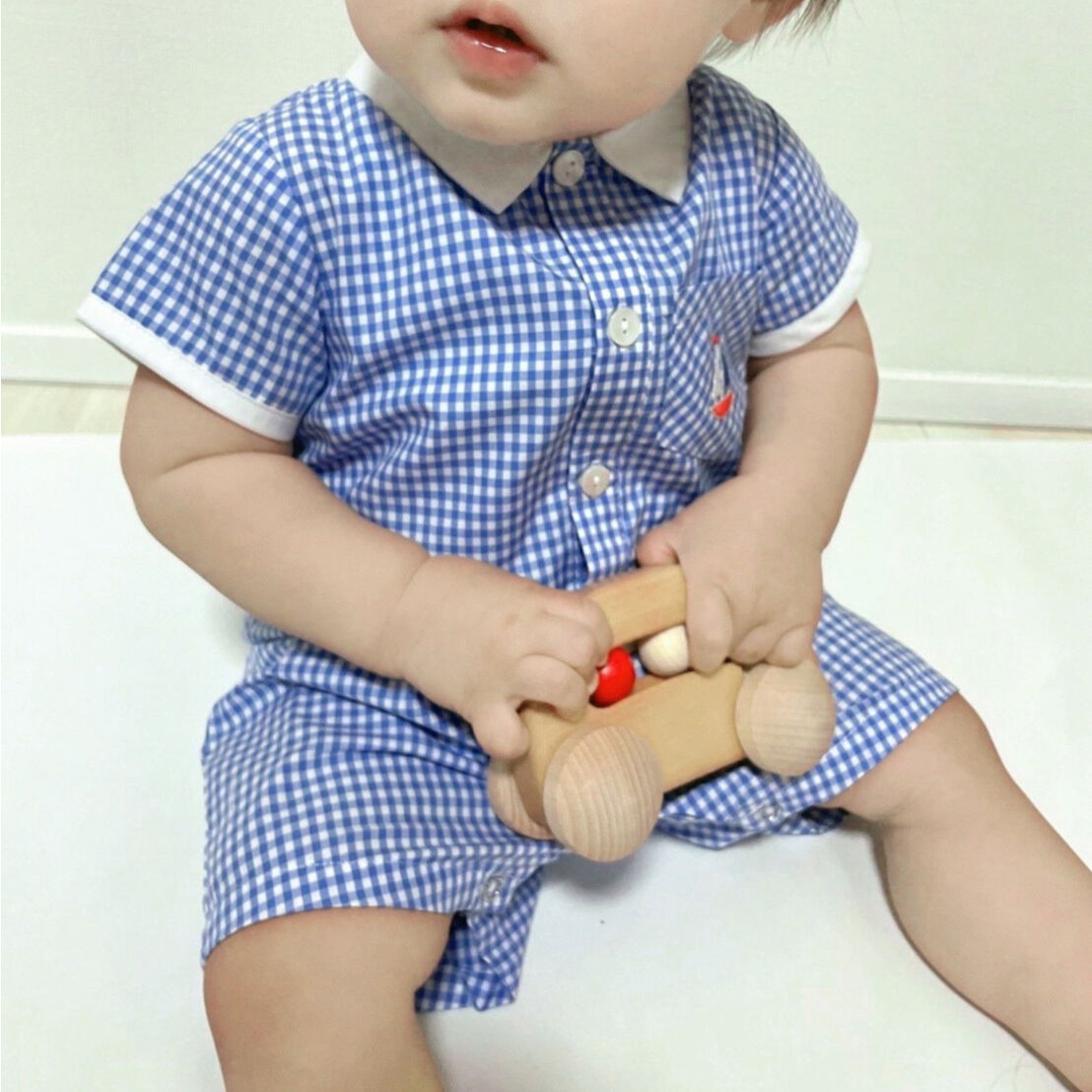 Fantaisie Kids】Blue Gingham Boat Embroidered R... Fantaisie Kids】Blue Gingham Boat Embroidered R...