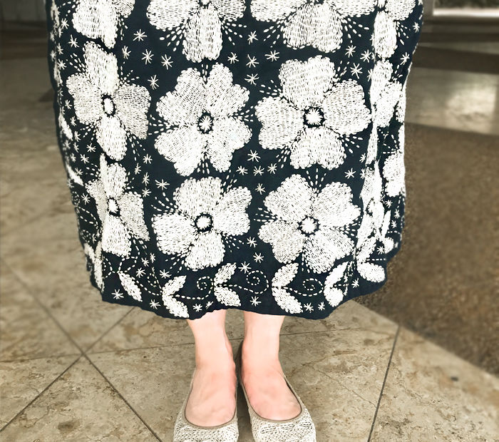 手縫いソフトヘンプの刺し子ギャザーロングスカート ウエストフリーサイズ Chinois Cinq