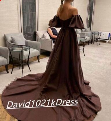 ブラウンカラードレス ベアトップ パフスリーブ トレーン 姫袖