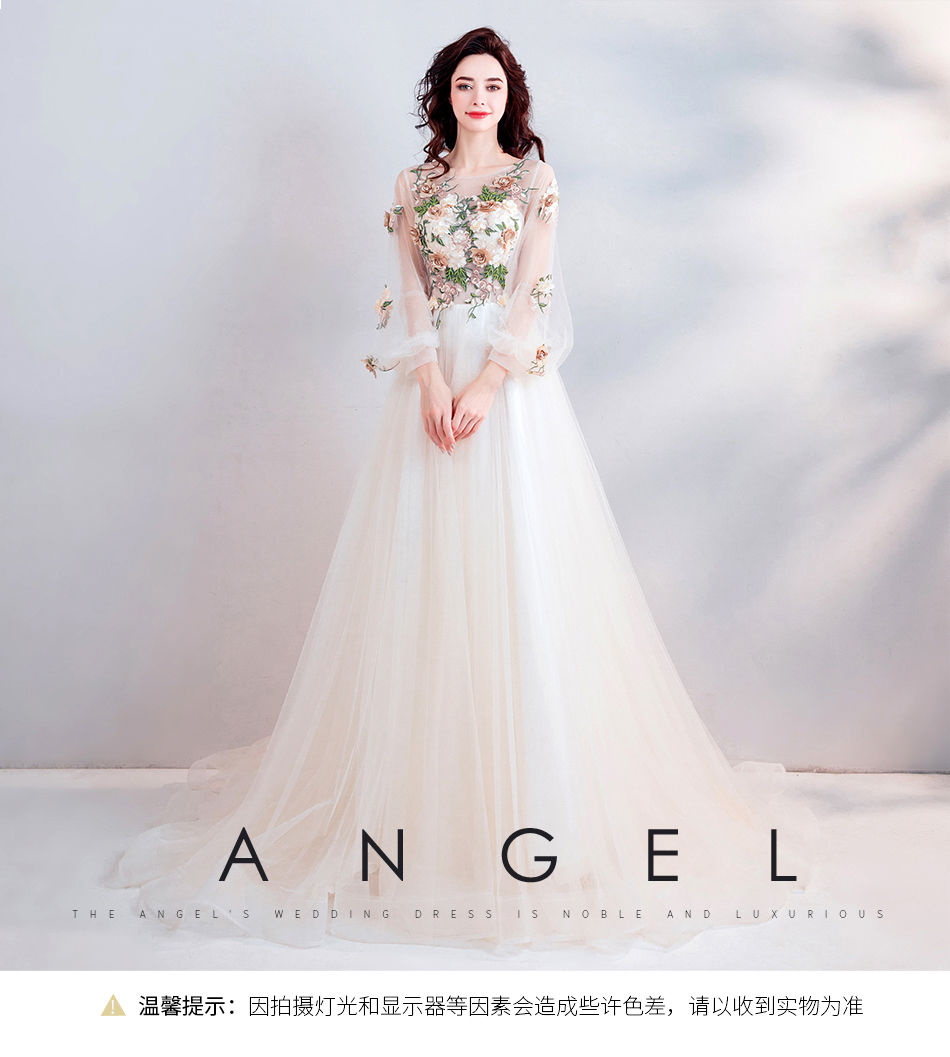 優雅シャンパン ウエディングドレス カラードレス シースルー袖 長袖 短トレーン 立体モチーフ