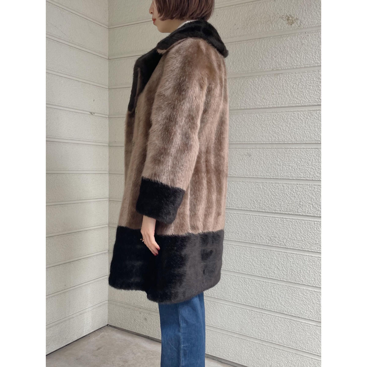 MADE IN ENGLAND VINTAGE フェイクファーコート (BEIGE×BROWN...