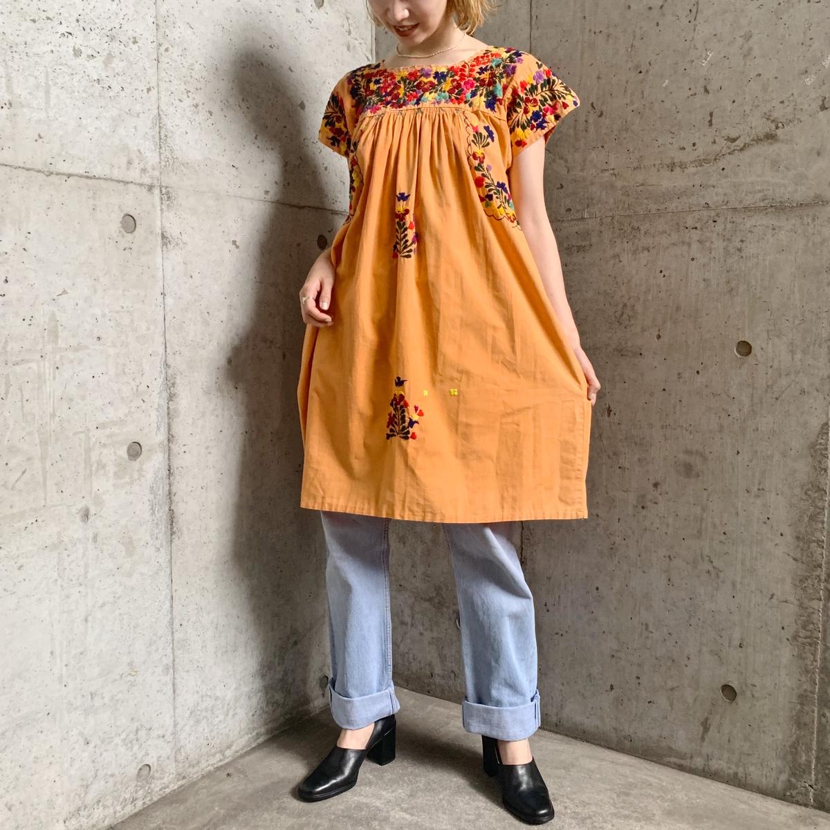 日本製 S Mサイズ ひざワンピース サンアントニオ メキシコ 手刺繍 ひざ丈ワンピース