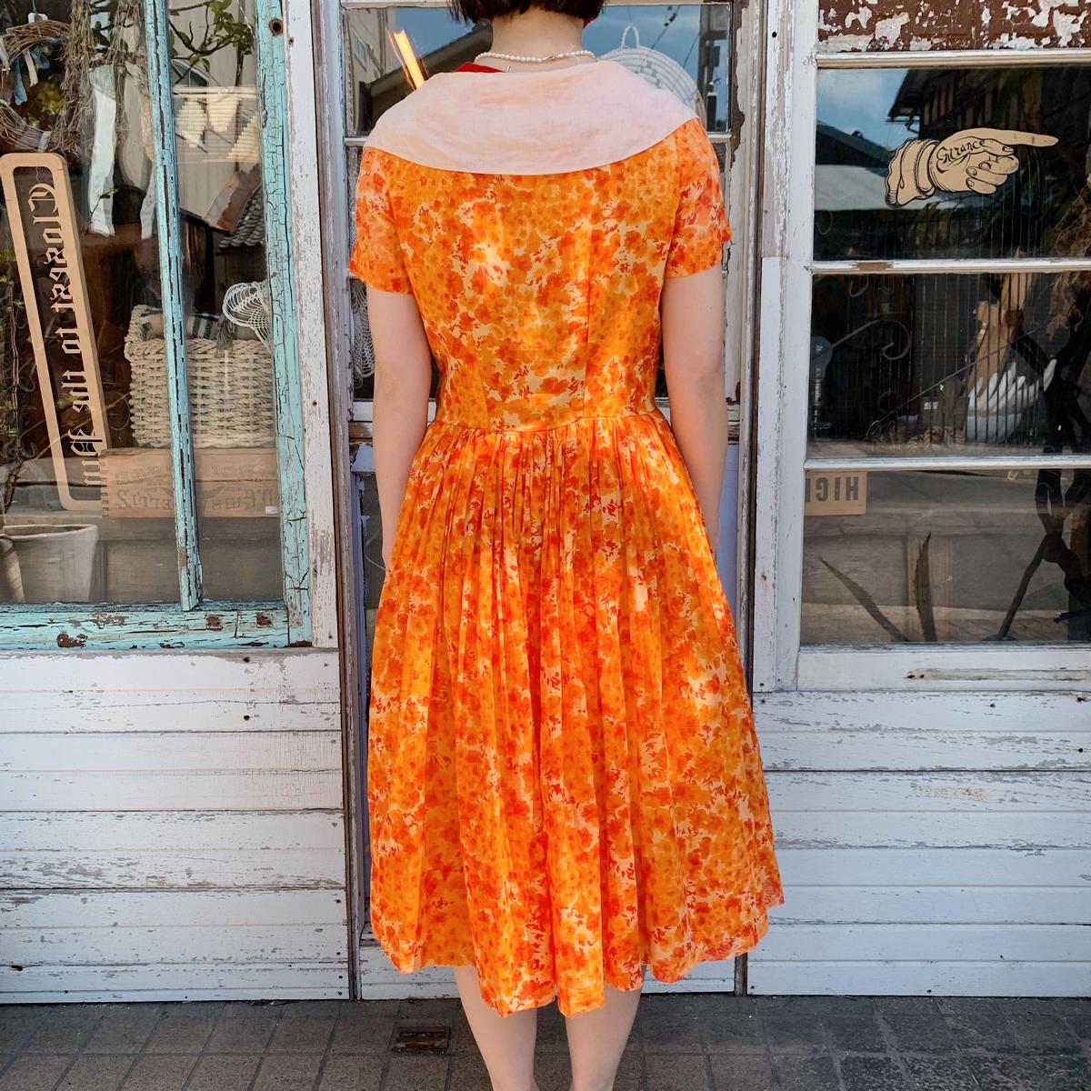 1960's Vintage Orange Flower Big Collar Dress[1...