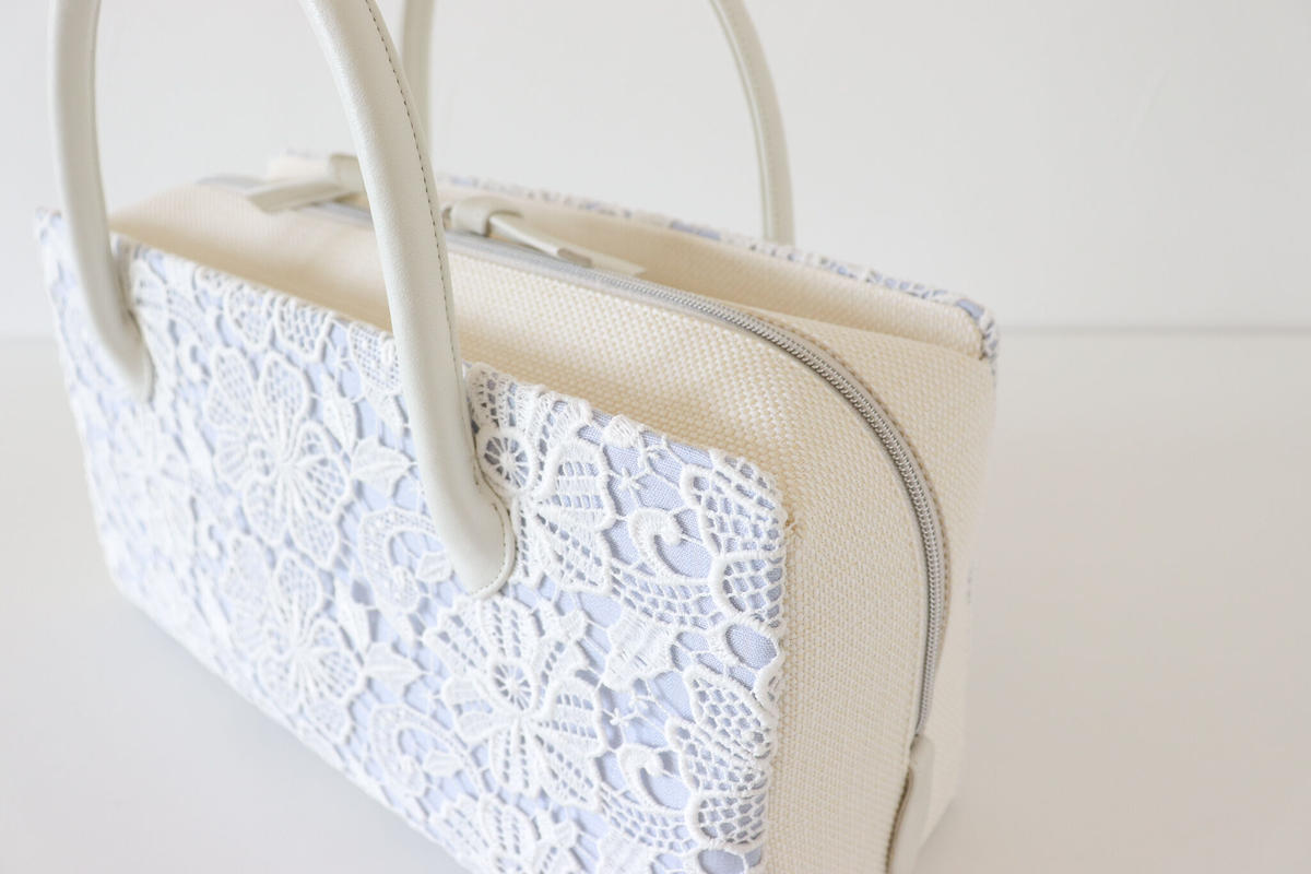 利休バッグ / White Lace & Blue Linen / R_1053 | Da...